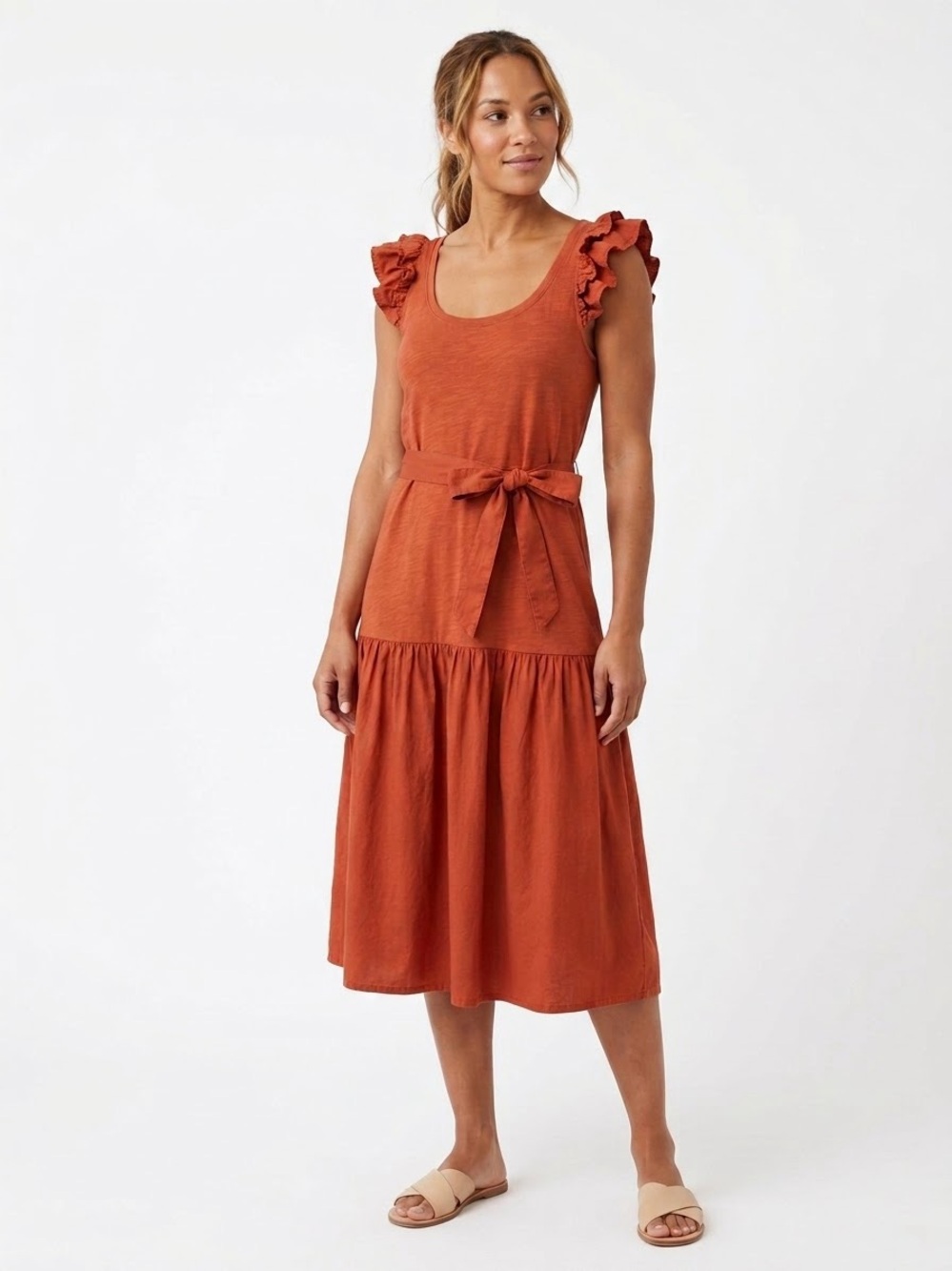 Nation LTD Sissy Flutter Sleeve Tiered Dress Women Size Large Orange Cotton